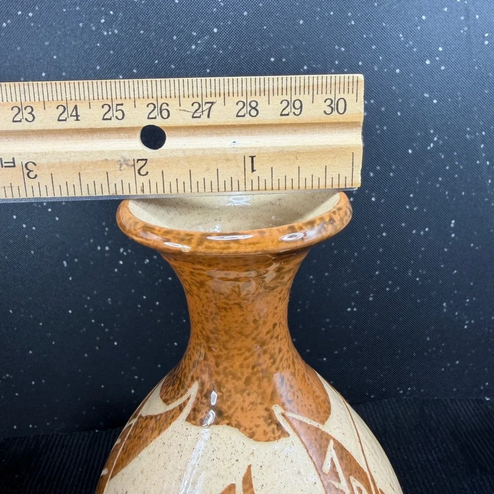 Frazer Signed Sgraffito Hummingbird Art Pottery Vase Ochre Green Purple 6 Inch